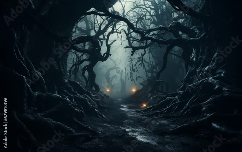 Eerie Enchanted Woods Scary Dry Crooked Trees in the Dark. AI © Usmanify