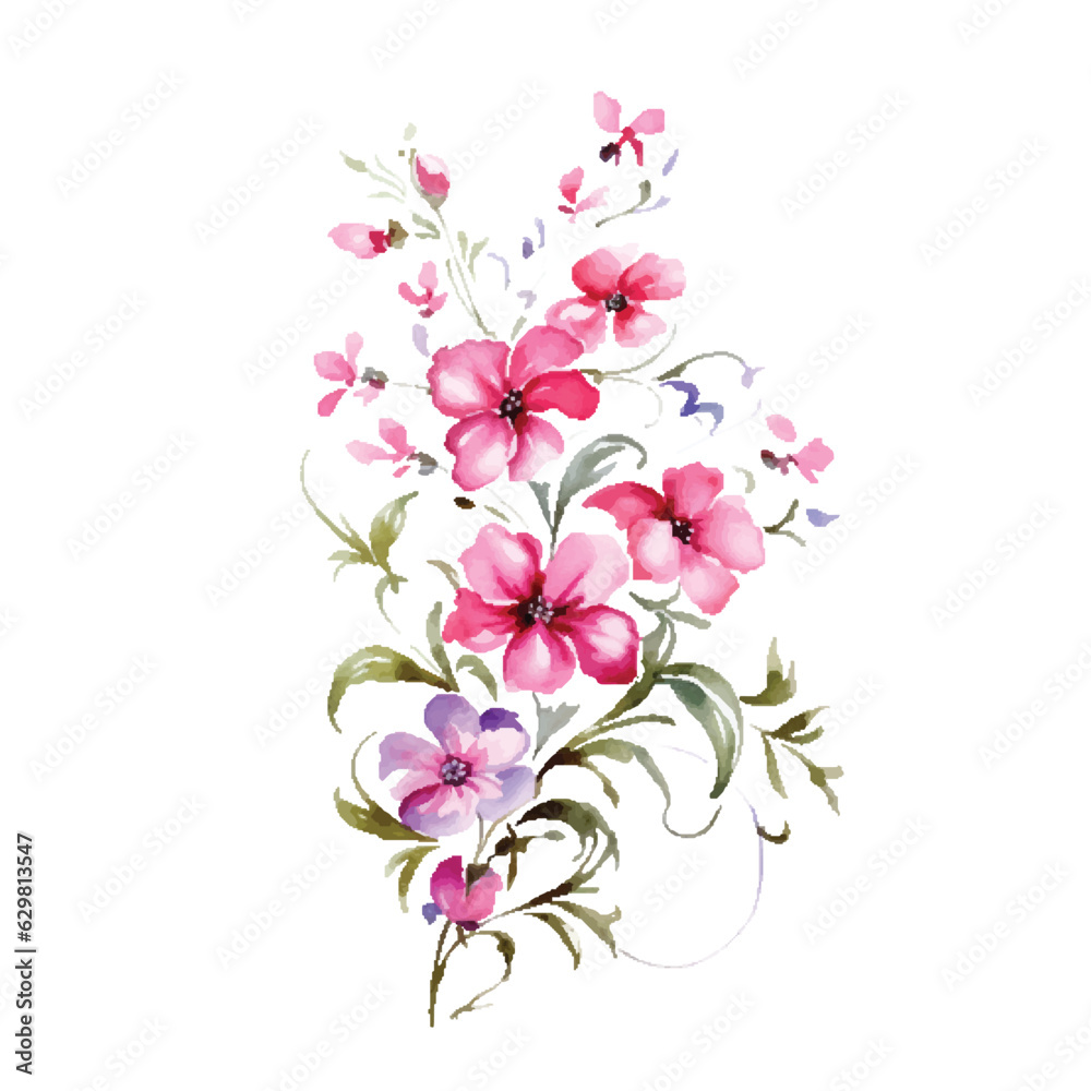 Set of floral branch. Flower pink and blue rose, green leaves. Wedding concept with flowers. Floral poster, invite. Vector arrangements for greeting card or invitation design