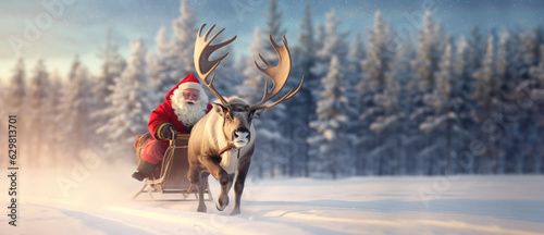 Santa Claus riding in a sleigh pulled by a reindeer © Juha Saastamoinen