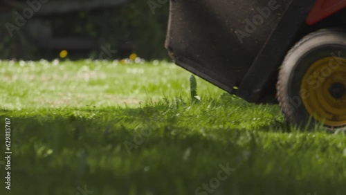 Gardener mowing home lawn with small tractor equipment, close up view photo