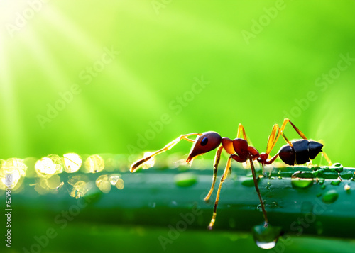 macro closeup photo of an ant on blurred green natural background, sun rays, water droplets, created with generative ai technology © Alena Yakusheva