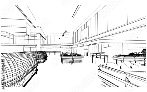 Line drawings of supermarkets selling various food items.,3d rendering