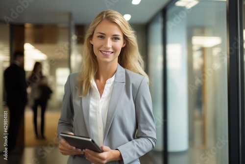 Successful business woman looking confident and smiling. Close-up image of business woman watching tablet device indoors. 