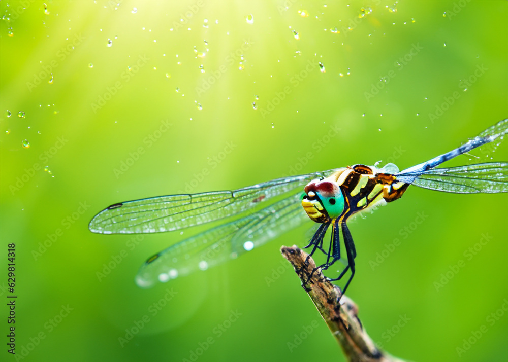 macro closeup photo of a dragonfly on blurred green natural background ...