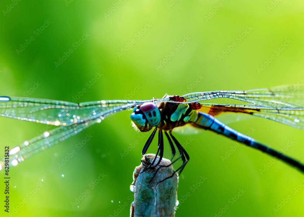 macro closeup photo of a dragonfly on blurred green natural background, sun rays, water droplets created with generative ai technology macro closeup photo of a dragonfly on blurred green natural background, sun rays, water droplets created with generative ai technology