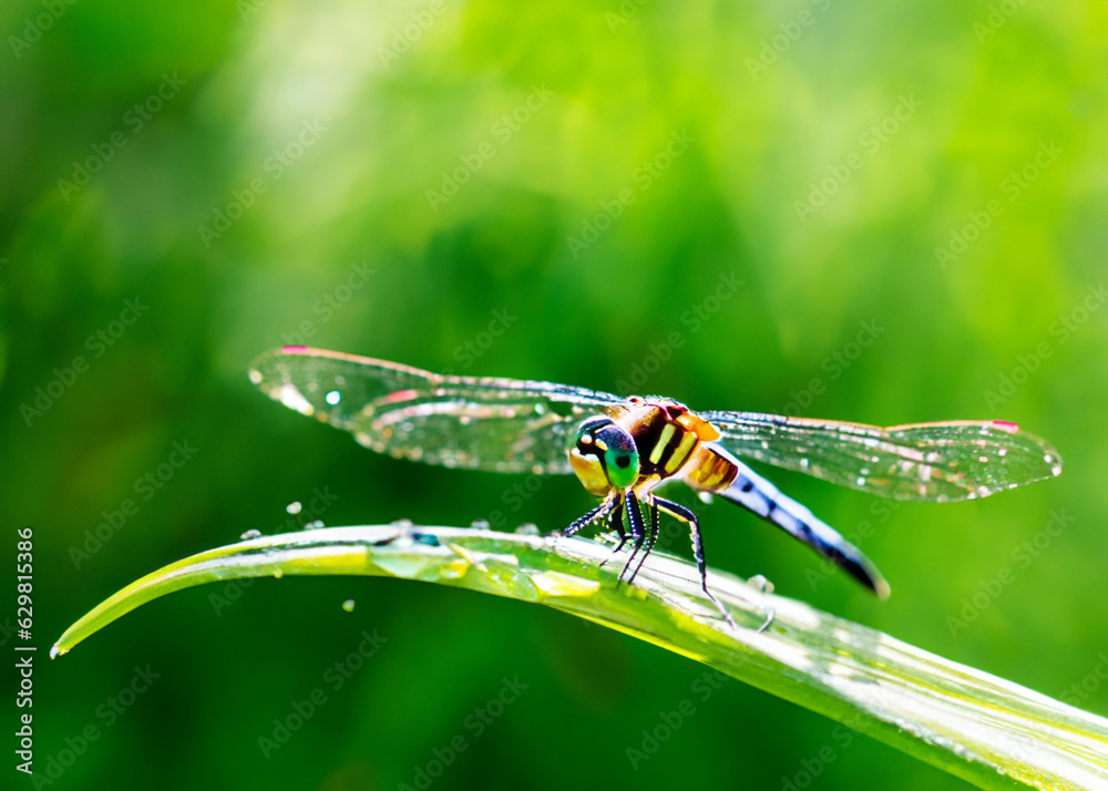 macro closeup photo of a dragonfly on blurred green natural background, sun rays, water droplets created with generative ai technology macro closeup photo of a dragonfly on blurred green natural background, sun rays, water droplets created with generative ai technology