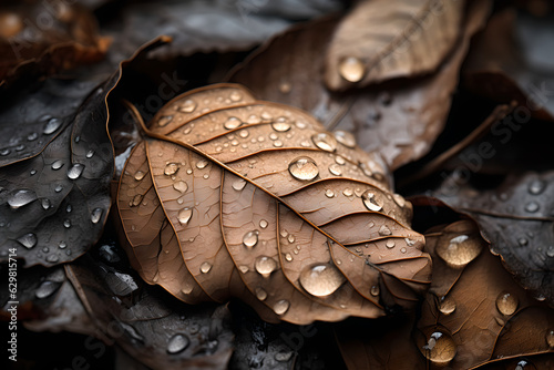 Close-up dry leaves after rain
