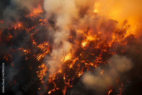 Aerial shot Forest fire with fire and smoke global warming wallpaper