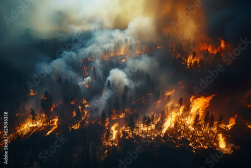 Aerial shot Forest fire with fire and smoke global warming wallpaper © MaMuangJa