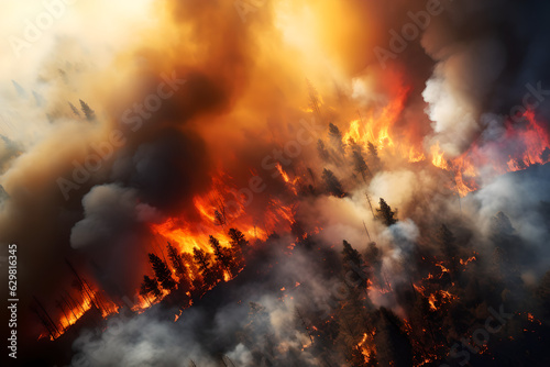 Aerial shot Forest fire with fire and smoke global warming wallpaper