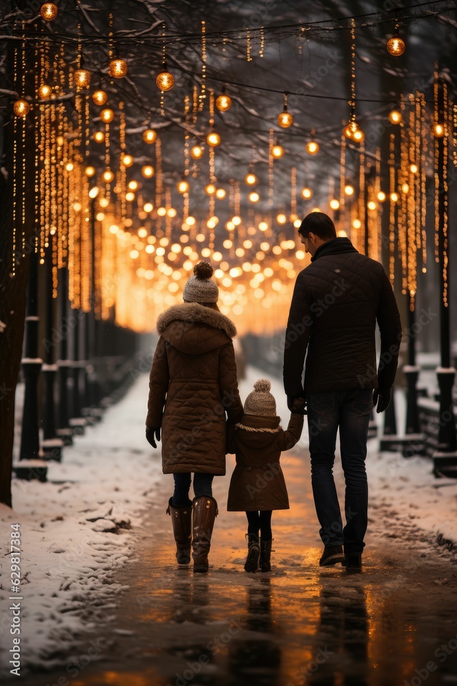 amily outing, walking hand in hand through a snowy