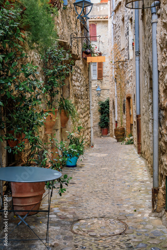 Traditional old stone houses on a narrow street in the medieval town of Saint Paul de Vence, French Riviera, South of France © SvetlanaSF