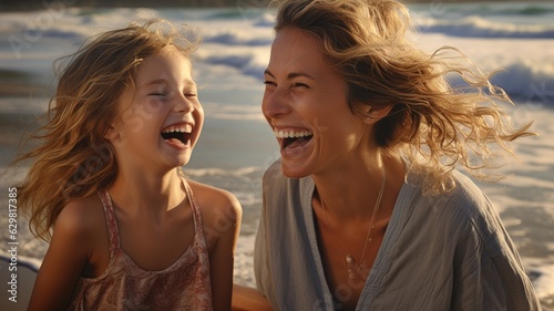 mother and daughter laughing by the sea