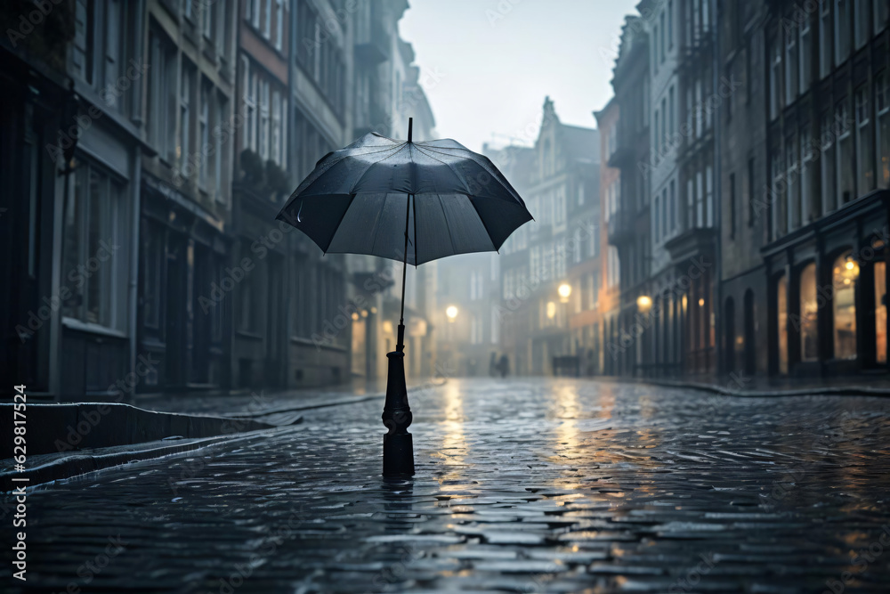A black umbrella in the middle of a rain soaked road in a rainy day 