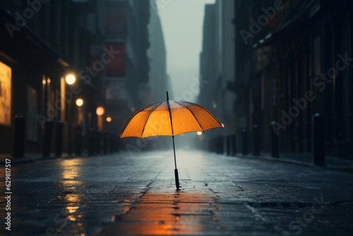 A yellow umbrella in the middle of a rain soaked city street in a rainy day 