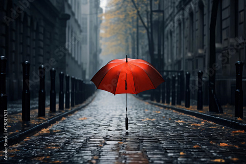 A red umbrella in the middle of a rain soaked road in a rainy day 