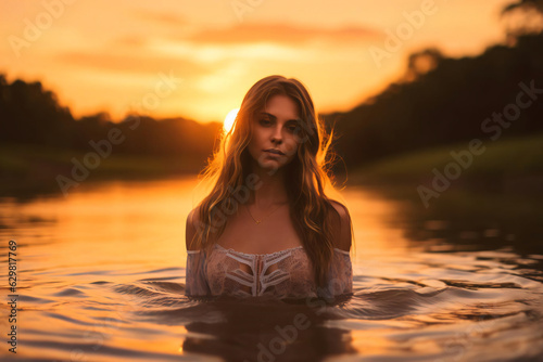 woman in the river at sunset