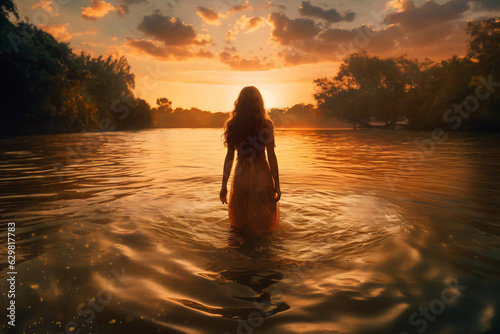 woman in the river at sunset
