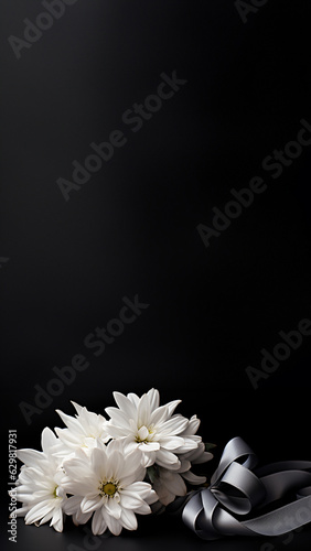 White Chrysanthemum with black ribbon on background for funeral card or commemorate wallpaper