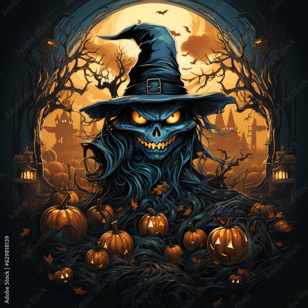 halloween background with black witch pumpkin and bats halloween background with black witch pumpkin and bats