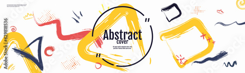 Paint brush and shapes. Hipster design, white backdrop with paint brushes. Modern horizontal banner. Design for wallpaper.  Vector illustration. 