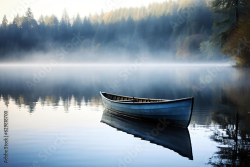 Fotografia A boat in a pristine lake on a foggy morning