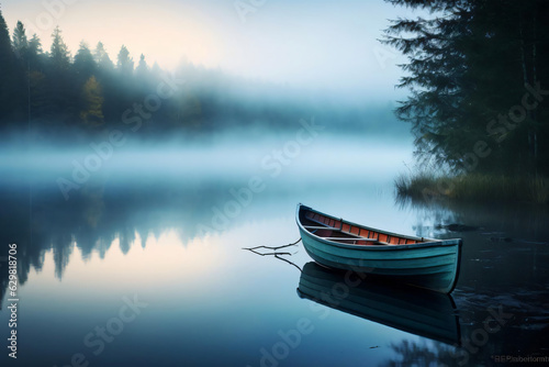 A boat in a pristine lake on a foggy morning