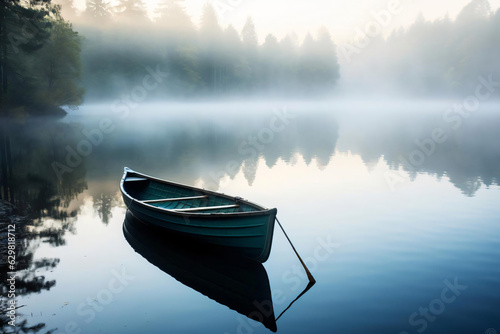 A boat in a pristine lake on a foggy morning © Hasanul