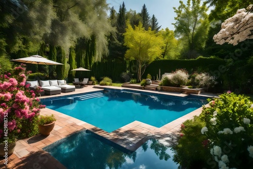 Residential swimming pool in a backyard with blossoming flowers and full trees