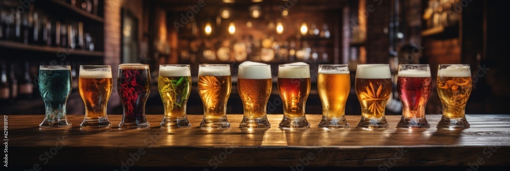assorted beers draft beer in glass Draft beer in glasses on a row of bars bar background blur assorted beers draft beer in glass Draft beer in glasses on a row of bars bar background blur