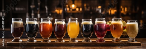 assorted beers draft beer in glass Draft beer in glasses on a row of bars bar background blur