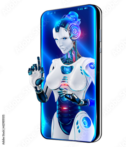 Chatbot GPT in image robot woman with Artificial intelligence on screen phone. AI provide access to information and data in internet. AI in form of woman cyborg or bot coming out of screen phone.