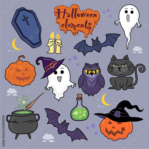 Vector cartoon drawing Halloween character elements, blue vampire grave, orange pumpkin wearing witch hat, cat, violet owl, bats, pot and glass of poison,  cute ghost, candle light, on grey background