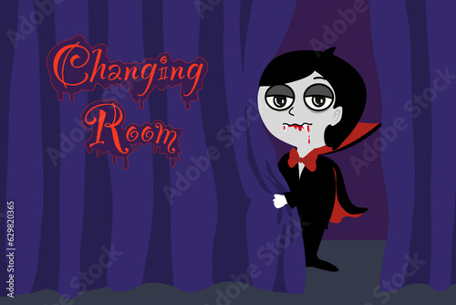 Vector cartoon drawing for Halloween  holiday celebration, young man Vampire with red blood on mouth in black suit standing behind dark blue curtain in scary changing room