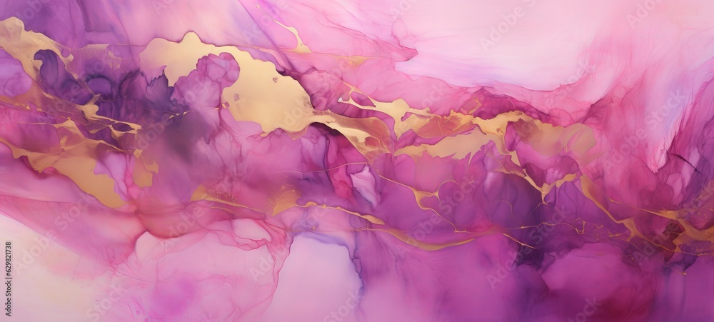 Abstract watercolor paint background illustration web design - Pink pastel color waves and gold lines, with liquid fluid marbled paper texture banner texture (Generative Ai)