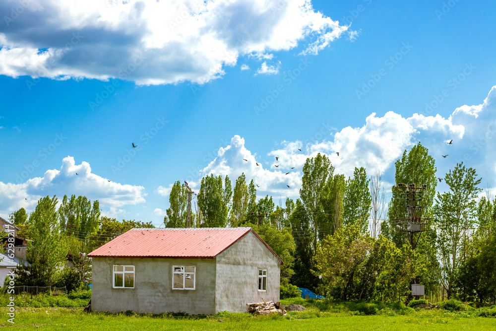  Green landscape and new house, blue sky. Sample image for village tourism