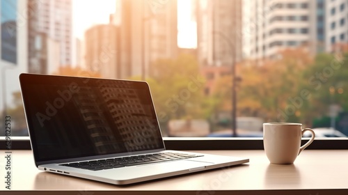 screen of labtop, tablet with bokeh light in the momring. street urban, city view techonology and business style background. photo