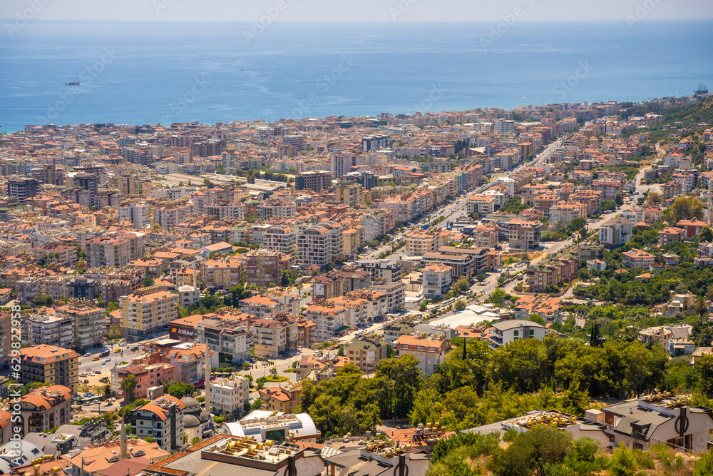 Panorama view of Alanya city from the hill in sunny day, Turkey