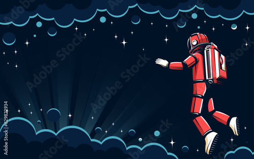 Astronaut in open space among clouds, stars, and nebulae - a poster in retro style with space for text. Vintage space poster with a floating Cosmonaut in a spacesuit. Vector illustration