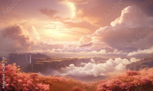 The painting depicts a beautiful landscape with a sunny sky and fluffy clouds.