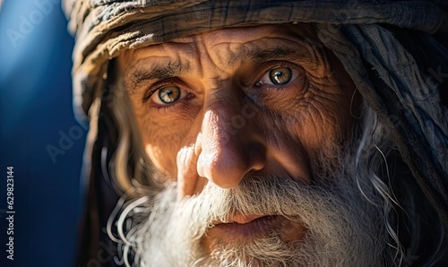 With a close-up view, the worn lines on the old man's face tell the story of a life steeped in Canaanite tradition.