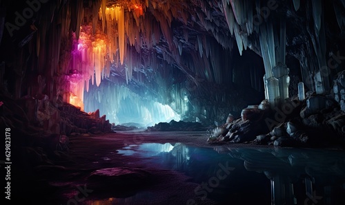 Journey into the depths of an intricate rainbow crystal cave.