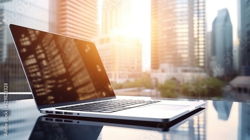 screen of labtop, tablet with bokeh light in the momring. street urban, city view techonology and business style background. photo