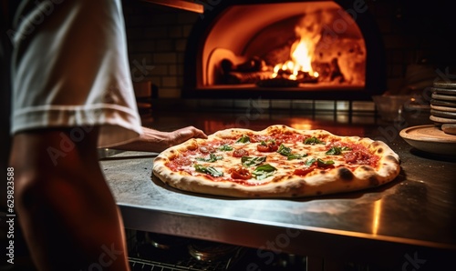 Stampa su tela The man's mouth waters as he takes the sizzling hot pizza out of the oven