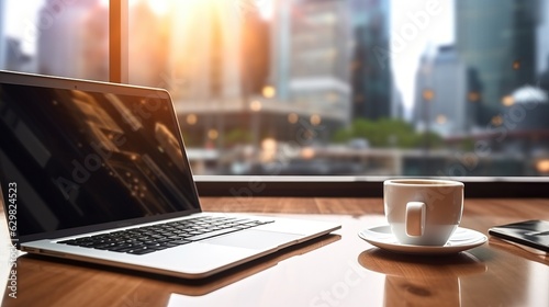 screen of labtop, tablet with bokeh light in the momring. street urban, city view techonology and business style background. photo