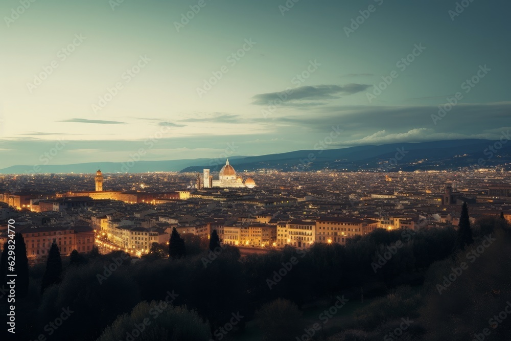 Panorama of Florence city at night, Tuscany, Italy, Generative AI