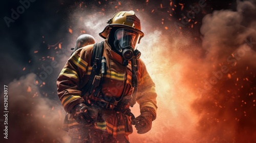 Firefighters Fighting with the Fire  Brave and Strong Firefighting Teamwork. Generative Ai