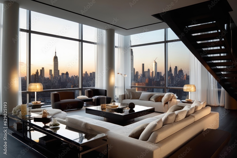 Picture of Concept art illustration of luxury penthouse living room interior in ...