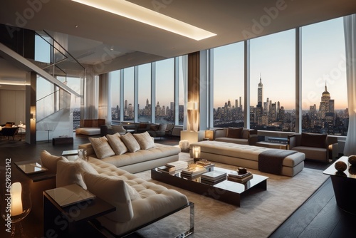Concept art illustration of luxury penthouse living room interior in New York city, Generative AI © Dhriti