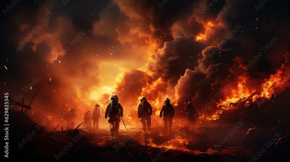 Firefighters Fighting with the Fire, Brave and Strong Firefighting Teamwork. Generative Ai